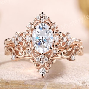 Art Deco Moissanite Engagement Ring Set Rose Gold Floral Leaf Ring Oval Moissanite Ring Bridal Set Vintage Rings Anniversary Gifts for Her