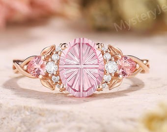 Aurora Firework Cut Pink Sapphire Engagement Ring Rose Gold Oval Peach Sapphire Ring Moissanite Cluster Heart Cut Ring Anniversary Gifts