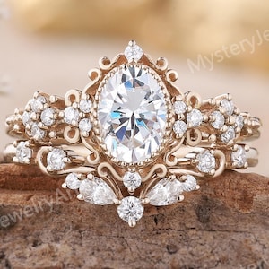 Vintage Moissanite Engagement Ring Set Rose Gold Oval Moissanite Ring Bridal Set Stacking Ring Set Unique Floral Ring Promise Ring for Women