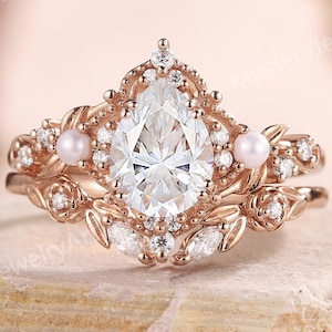 Vintage Moissanite Engagement Ring Set Rose Gold Leaf Flower Ring Pearl Moissanite Ring Art Deco Bridal Set Diamond Anniversary Gift for Her