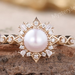 Vintage Pearl Engagement Ring Rose Gold Pearl Ring Moissanite Cluster Ring Unique Infinity Ring Akoya Pearl Art Deco Promise Rings for Women