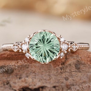 Einzigartige Millenium Cut Mintgrün Saphir Verlobungsring Rosegold Runder Grüner Saphir Ring Floraler Ring Daisy Cut Feuerwerk Versprechen Ring