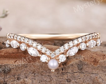 Unique Pearl Wedding Band Vintage Rings Rose Gold Ring Moissanite Ring Cluster Ring Art Deco Pearl Ring Diamond Ring Promise Rings for Women