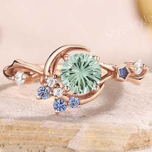 Einzigartige Millenium Cut Mintgrün Saphir Verlobungsring Rosegold Saphir Moissanit Cluster Mond Ring Daisy Cut Feuerwerk Himmlischen Ring