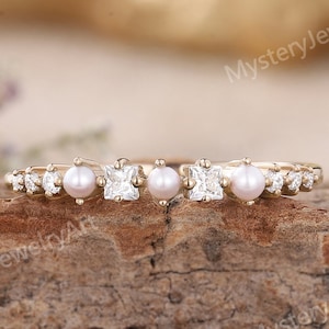 Rose Gold Pearl Wedding Band: Moissanite Diamond Half Eternity Ring