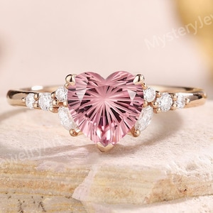 Unique Millennium Cut Pink Sapphire Engagement Ring Rose Gold Peach Sapphire Ring Moissanite Cluster Ring Daisy Cut Fireworks Promise Ring