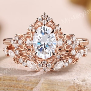 Vintage Moissanite Engagement Ring Set Rose Gold Floral Leaf Ring Diamond Cluster Ring Bridal Set Vintage Rings Anniversary Gifts for Her