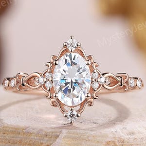 Vintage Moissanite Engagement Ring Dainty Floral Ring Moissanite Ring Solid Gold Diamond Ring Custom Edwardian ring Promise Rings for Women
