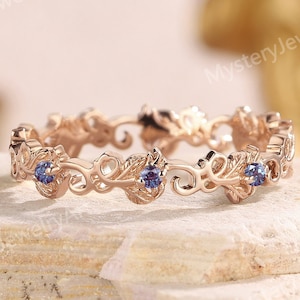 Unique Alexandrite Engagement Ring Leaf Vine Ring Natural Inspired Wedding Ring Solid Gold Alexandrite Ring Art Deco Promise Rings for Women