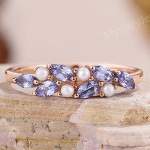 Unique Pearl Tanzanite Ring Rose Gold Birthstone Ring Pearl Ring Cluster Wedding Ring Marquise Tanzanite Custome Anniversary Gifts for Her