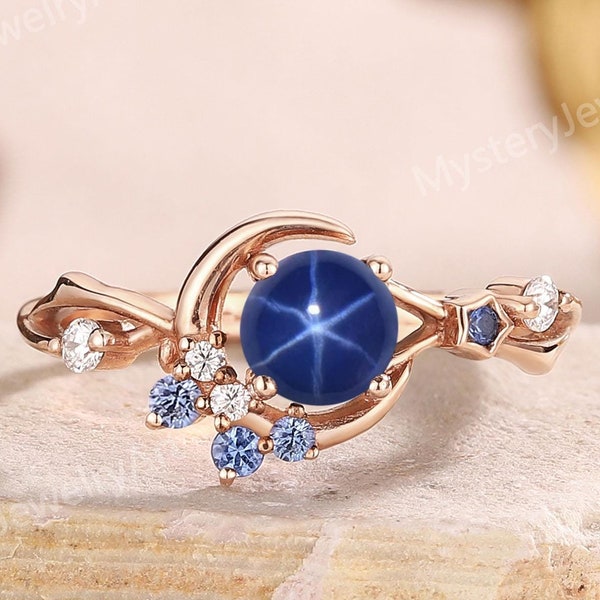 Unique Lindy Star Ring Rose Gold Star Sapphire Engagement Ring Star Saffire Moon Ring Moissanite Cluster Ring Genuine Star Rings for Women