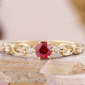Unique Ruby Wedding Ring Soild Gold Garnet Floral Ring Straight Wedding Band Moissanite Cluster Ring Stackable Rings Promise Rings for Women