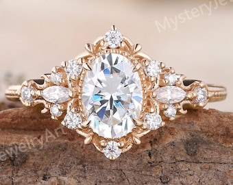 Oval Moissanite Engagement Ring Rose Gold Art Deco Floral Cluster Diamond Band