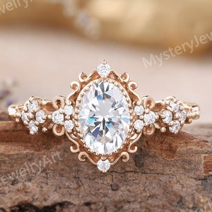 Unique Moissanite Engagement Ring Solid Gold Oval Moissanite Ring Natural Inspired Ring Art Deco Floral Ring Vintage Diamond Rings for Women