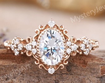 Oval Moissanite Engagement Ring: Rose Gold Art Deco Floral Vintage Diamond Ring