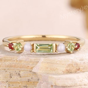 Vintage Peridot Engagement Ring Pearl Cluster Ring Solid Gold Garnet Ring Unique Peridot Wedding Ring Art Deco Ring Promise Rings for Women