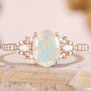 Vintage Oval Opal Ring Rose Gold Opal Engagement Ring Natural Inspired Opal Jewelry Moissanite Diamond Ring Handmade Promise Rings for Women