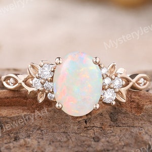 Vintage Opal Engagement Ring Rose Gold Natural Inspired Leaf Ring Moissanite Cluster Ring Dainty Opal Ring Art Deco Promise Rings for Women