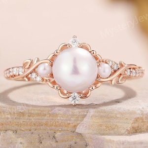 Vintage Akoya Pearl Engagement Ring 14k Gold Pearl Ring Moissanite Leaf Ring Unique Diamond Vine Ring Art Deco Custom Promise Ring for Women