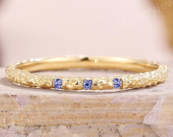 Hammered Gold Sapphire Wedding Band – Stackable Ring Anniversary Gift