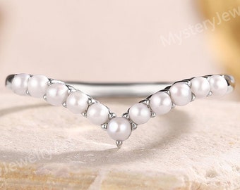 Unique Pearl Wedding Band Vintage White Gold Pearl Curved Wedding Band Art Deco Pearl Half Eternity Ring Custom Gold Pearl Rings for Women