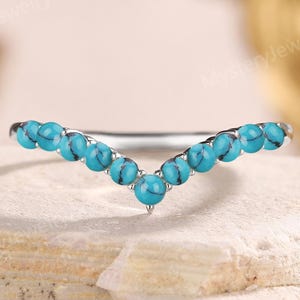 Unique Turquoise Wedding Band Vintage White Gold Turquoise Curved Wedding Band Art Deco Turquoise Ring Handmade Promise Rings for Women