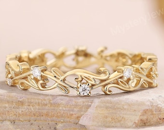 Vintage Moissanite Wedding Band Solid Gold Vine Ring Natural Inspired Leaf Floral Ring Diamond Moissanite Ring Unique Promise Ring for Women