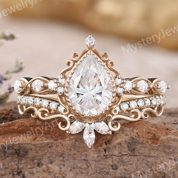 Art Deco Moissanit Förlovningsring Set Roséguldring Blommig Ring Päron Moissanit Ring Brudset Vintage Ringar Jubileumspresenter till henne