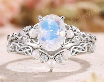 Vintage Moonstone Engagement Ring Set White Gold Pearl Wedding Ring Set Custom Moissanite Anniversary Gifts Infinity Promise Rings for Women