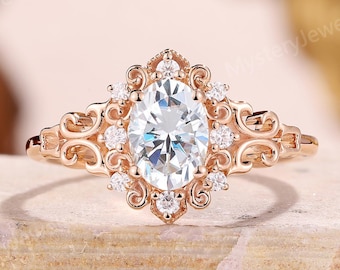 Oval Moissanite Engagement Ring Rose Gold Floral Cluster Diamond Ring