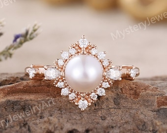 Vintage Pearl Engagement Ring Rose Gold Ring Moissanite Wedding Ring Unique Pearl Ring Diamond Ring Dainty Pearl Ring Rings for Women