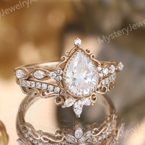 Art Deco Moissanite Engagement Ring Set Rose Gold Ring Floral Ring Pear Moissanite Ring Bridal Set Vintage Rings Anniversary Gifts for Her
