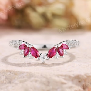 Ruby Wedding Band Rose Gold Pave Chevron Moissanite Cluster Ring Unique Diamond Stackable Rings Garnet Ring Art Deco Ruby Rings for Women