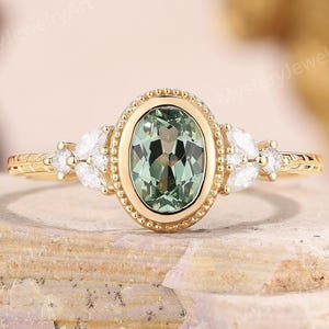 Vintage Teal Sapphire Engagement Ring Unique Leaf Engraving Ring 14k Gold Moissanite Ring Art Deco Green Sapphire Ring Diamond Promise Rings