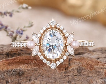 Anillo de compromiso moissanita único anillo de moissanita ovalado de oro rosa anillo de racimo de perlas delicadas anillo de diamantes regalos de aniversario art déco para ella