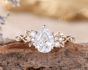 Unieke Moissanite verlovingsring natuurlijke geïnspireerde blad ring peer Moissanite ring massief gouden ring vintage diamant cluster ring belofte ringen