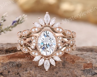 Vintage Moissanite Engagement Ring Set Enhancer Wedding Band Rose Gold Ring Set Statement Rings Moissanite Ring Bridal Set Anniversary Gifts