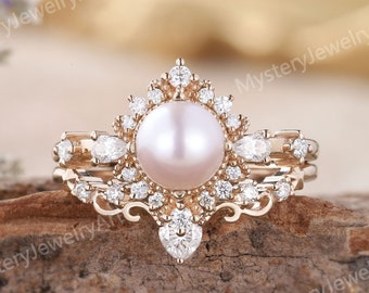 Vintage Pearl Engagement Ring Set Rose Gold Pearl Ring Heart Moissanite Ring Set Star Floral Ring Bridal Set Stacking Ring Set Promise Rings