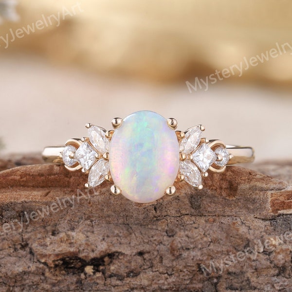 Unique Opal Engagement Ring Rose Gold Ring Moissanite Cluster Ring Opal Ring Anniversary Gifts Diamond Ring Art Deco Promise Rings for Women