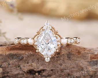 Vintage Moissanite Engagement Ring Pearl Ring Rose Gold Ring Moissanite Cluster Ring Unique Ring Diamond Ring Custom Promise Rings for Women