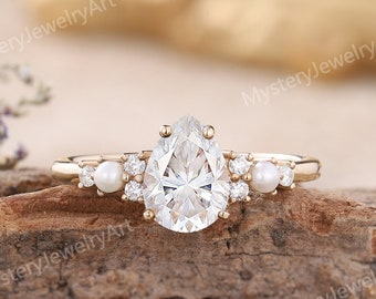 Vintage Pear Cut Moissanite Engagement Ring Solid Gold Pearl Ring Unique Diamond Ring Moissanite Cluster Ring Unique Promise Rings for Women