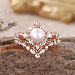 Unique Pearl Engagement Ring Set Moissanite Ring Set Rose Gold Wedding Ring Set Vintage Rings Art Deco Diamond Ring Promise Rings for Women