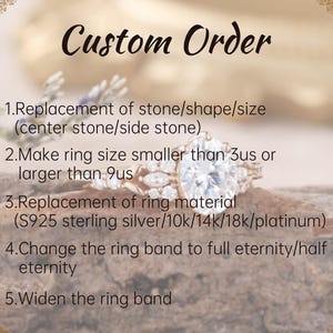 May include: A list of custom order options for a ring. The options include replacement of the stone, shape, or size of the center or side stone, making the ring size smaller or larger, replacing the ring material, changing the ring band to full or half eternity, and widening the ring band.