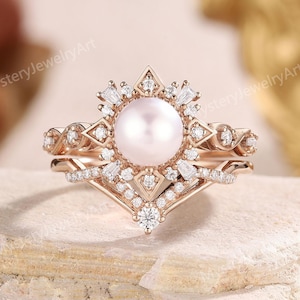 Vintage Pearl Engagement Ring Set Rose Gold Pearl Ring Moissanite Bridal Set Unique Stacking Ring Set Infinity Ring Anniversary Gift for Her