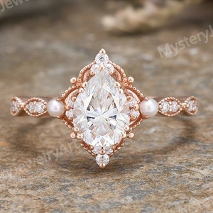 Vintage Pear Moissanite Engagement Ring Dainty Pearl Solid Gold Wedding Ring Art Deco Floral Ring Handmade Cutom Promise Rings for Women