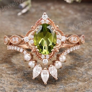 Art Deco Peridot Engagement Ring Set 14k Rose Gold Pearl Wedding Band Vintage Peridot Bridal Anniversary Ring Set Promise Ring Gift For Her