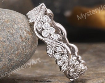 Vintage Moissanite Wedding Band White Gold Wedding Ring Vine Ring Leaf Floral Ring Moissanite Ring Engagement Ring Promise Rings for Women