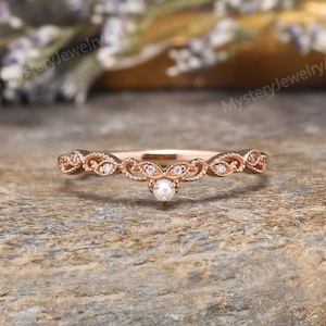 Galaxy Round Shaped Pearl Wedding Ring Rose Gold Round Cut Vintage Curved Moissanite Wedding Band Matching Ring Custom Rings for Women