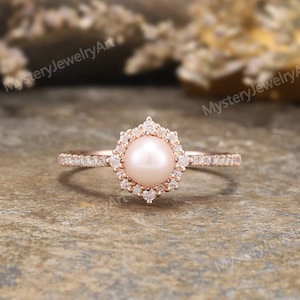 Natural Akoya Pearl Engagement Ring Vintage Rose Gold Pearl Halo Ring Moissanite Half Eternity Ring Custom Gold Pearl Wedding Ring for Women