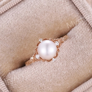 Vintage Pearl Engagement Ring Rose Gold Pearl Ring Moissanite Ring Gold Pearl Ring Dainty Pearl Ring Diamond Ring Promise Rings for Women
